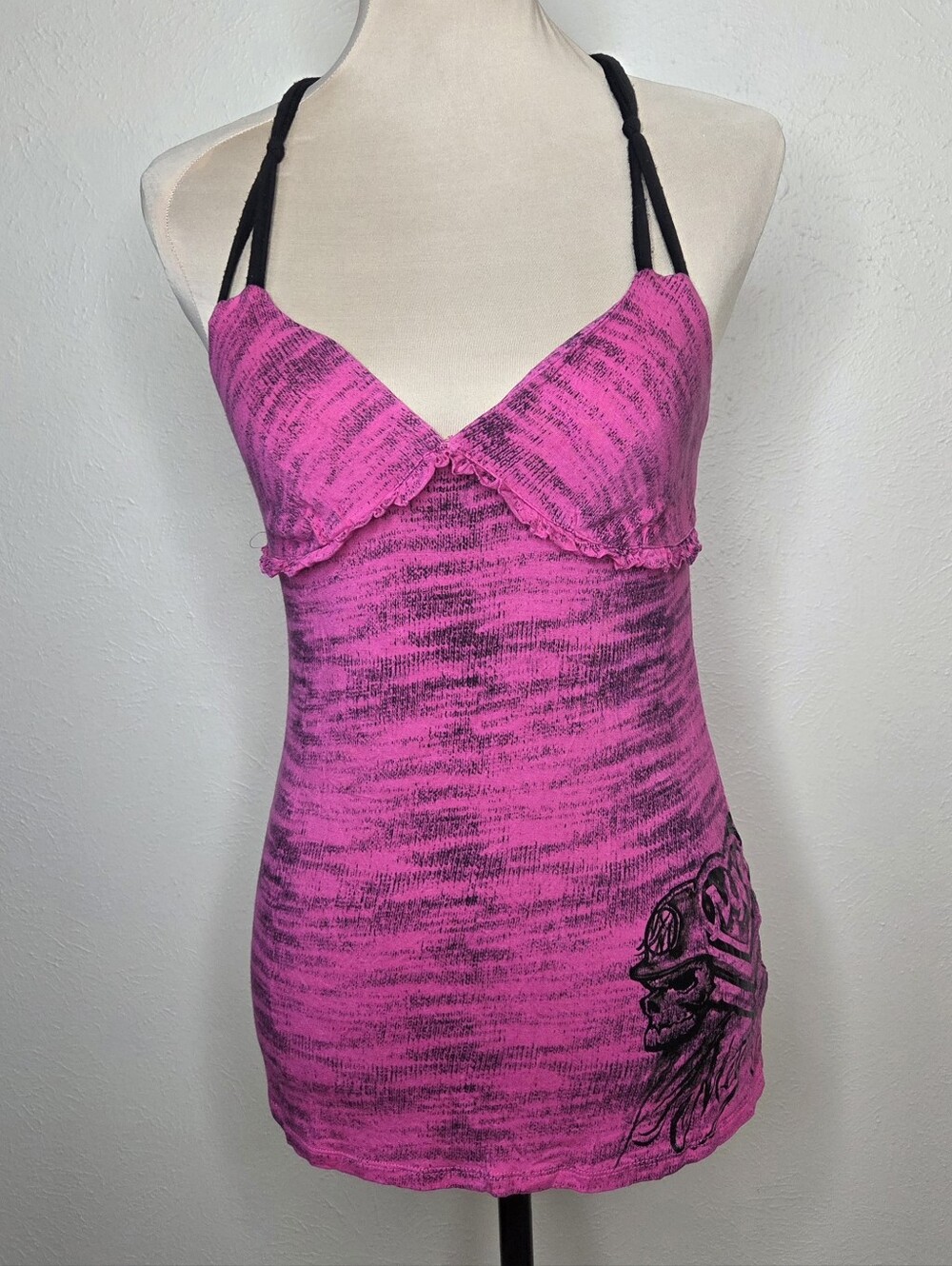 Y2K Metal Mulisha Pink Babydoll Tank Top L Super Rare Moto Criss Cross Back